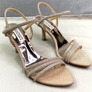 NWB Badgley Mischka Dessa Strass Ankle-Grip Sandals, Platino Gold, Sz 6.5